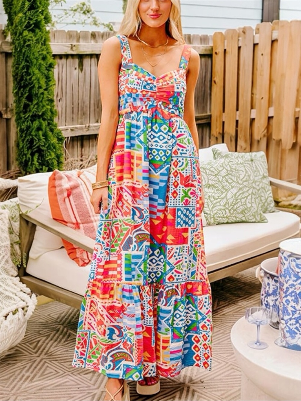 Skies Are Blue Cozumel Bound Vibrant Maxi Dress in Red, Blue & Green w/ Pockets
